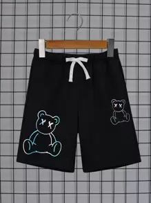 SHEIN 男孩反光小熊印花腰部抽繩短褲 - 黑色 - 查看 1