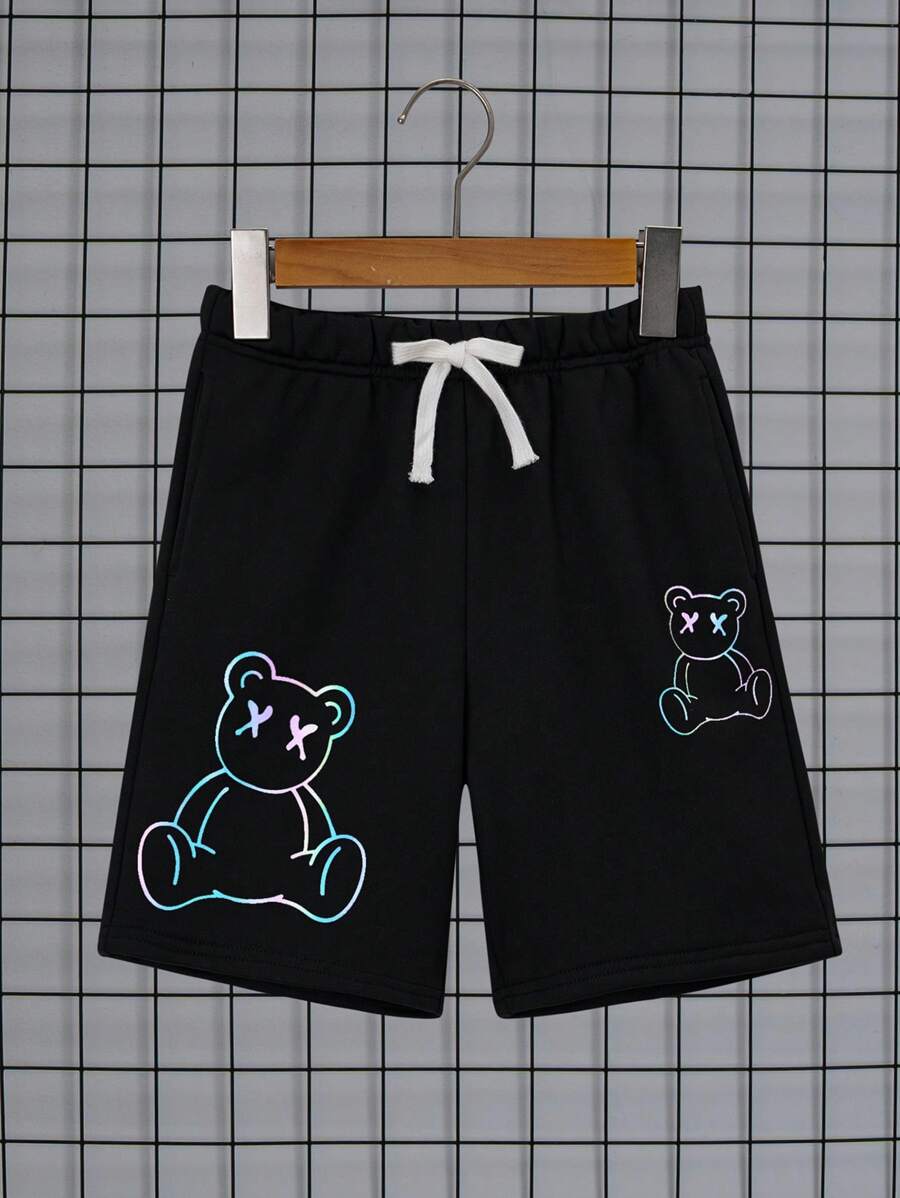 SHEIN 男孩反光小熊印花腰部抽繩短褲 - 黑色 - 查看 1