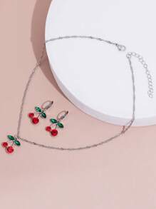 3 cái/bộ Rhinestone Cherry Trang Trí Bộ Trang Sức, Trang Sức Bằng Thép Không Gỉ - Bạc - Xem 2