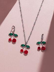 3 cái/bộ Rhinestone Cherry Trang Trí Bộ Trang Sức, Trang Sức Bằng Thép Không Gỉ - Bạc - Xem 5