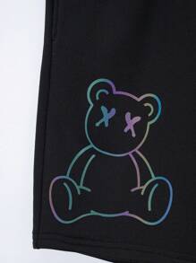 SHEIN 男孩反光小熊印花腰部抽繩短褲 - 黑色 - 查看 3