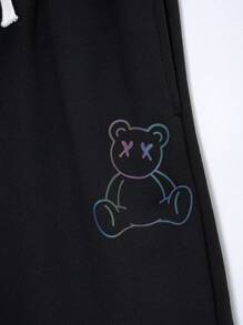 SHEIN 男孩反光小熊印花腰部抽繩短褲 - 黑色 - 查看 6