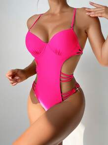 SHEIN Swim Bộ đồ bơi một mảnh hở vai hở sâu, dành cho kỳ nghỉ hè ở bãi biển - Hồng - Xem 1