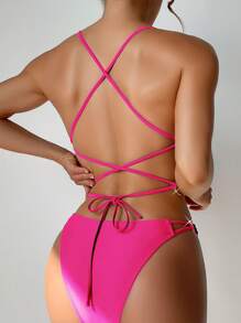 SHEIN Swim Bộ đồ bơi một mảnh hở vai hở sâu, dành cho kỳ nghỉ hè ở bãi biển - Hồng - Xem 2