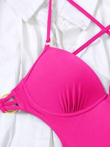 SHEIN Swim Bộ đồ bơi một mảnh hở vai hở sâu, dành cho kỳ nghỉ hè ở bãi biển - Hồng - Xem 4