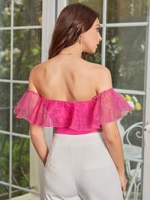 Allurite Off Shoulder Ruffle Trim Crop Top - Hot Pink - View 3