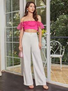 Allurite Off Shoulder Ruffle Trim Crop Top - Hot Pink - View 4