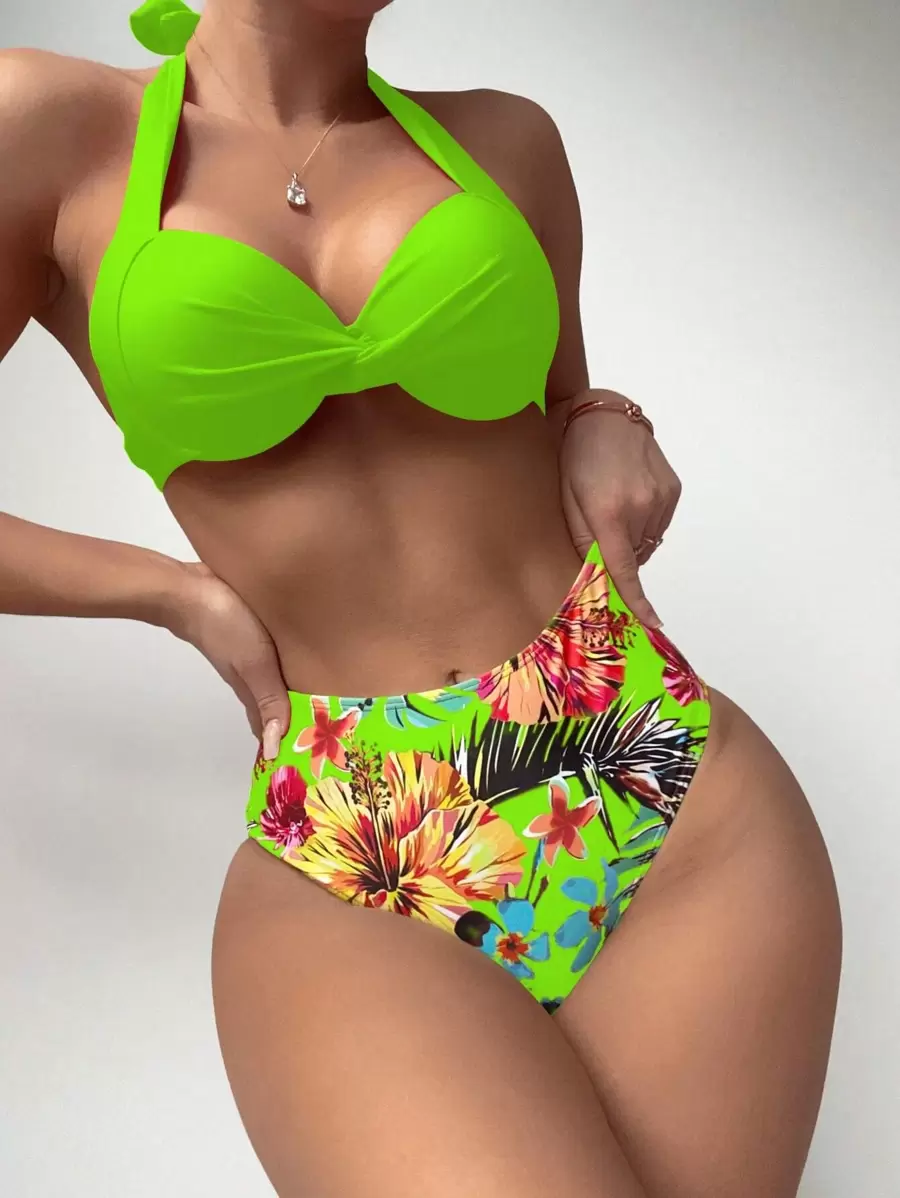 SHEIN Bộ bikini dây xoắn in họa tiết nhiệt đới, bãi biển mùa hè - màu xanh lá - Xem 1