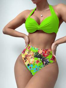 SHEIN Bộ bikini dây xoắn in họa tiết nhiệt đới, bãi biển mùa hè - màu xanh lá - Xem 5