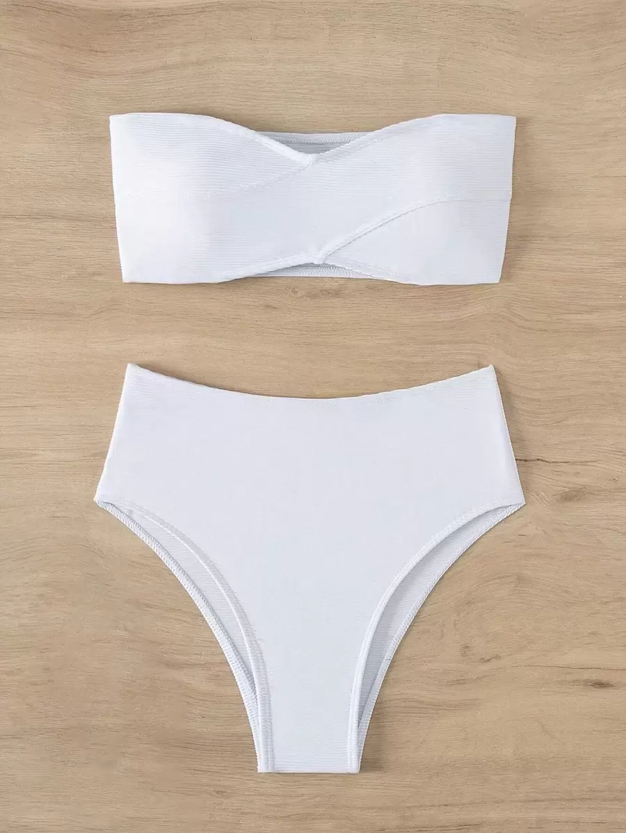 Bộ bikini cạp cao trơn mùa hè - trắng - Xem 1