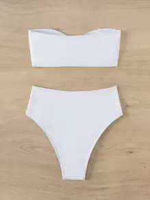 Bộ bikini cạp cao trơn mùa hè - trắng - Xem 2