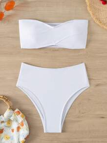 Bộ bikini cạp cao trơn mùa hè - trắng - Xem 3