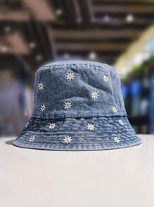 Sombrero cubo con bordado floral - Azul Marino - Ver 1