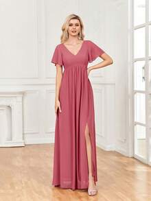 Vestido de manga mariposa de muslo con abertura - Color caoba - Ver 5