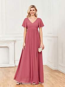 Vestido de manga mariposa de muslo con abertura - Color caoba - Ver 7