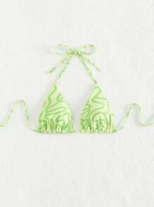 滿版印花吊脖三角杯比基尼上衣 - 綠色 - 查看 1