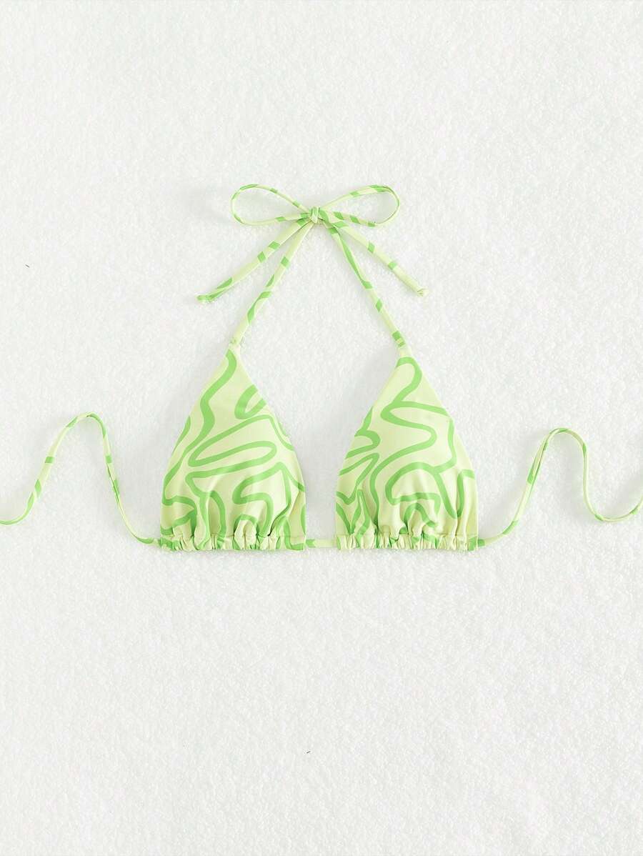 滿版印花吊脖三角杯比基尼上衣 - 綠色 - 查看 1
