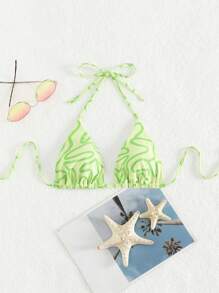 滿版印花吊脖三角杯比基尼上衣 - 綠色 - 查看 3