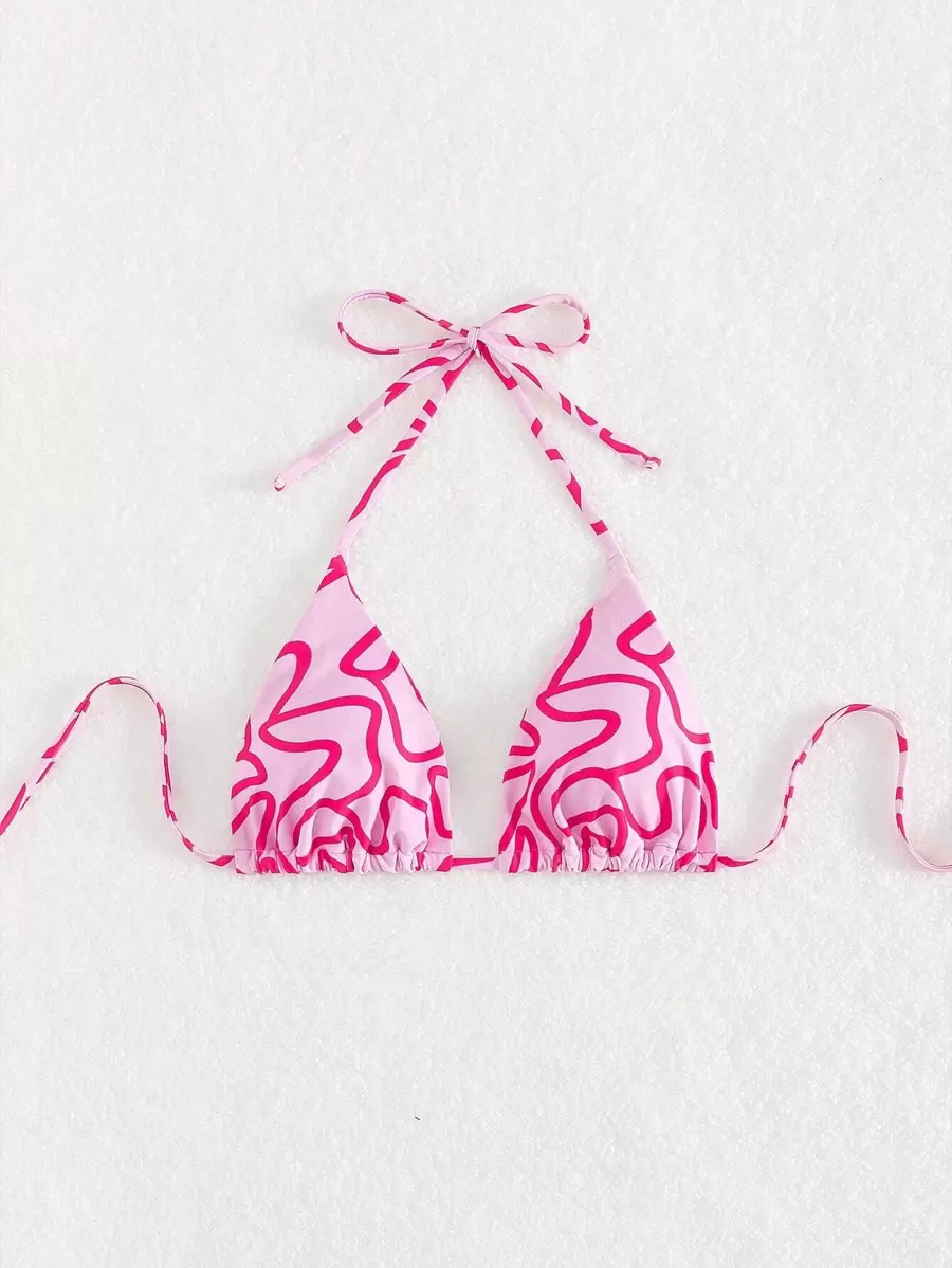 SHEIN Swim Summer Beach Allover Print Halter Triangle Bikini Top - Pink - View 1