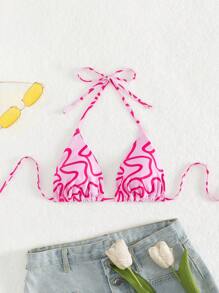 SHEIN Swim Summer Beach Allover Print Halter Triangle Bikini Top - Pink - View 3