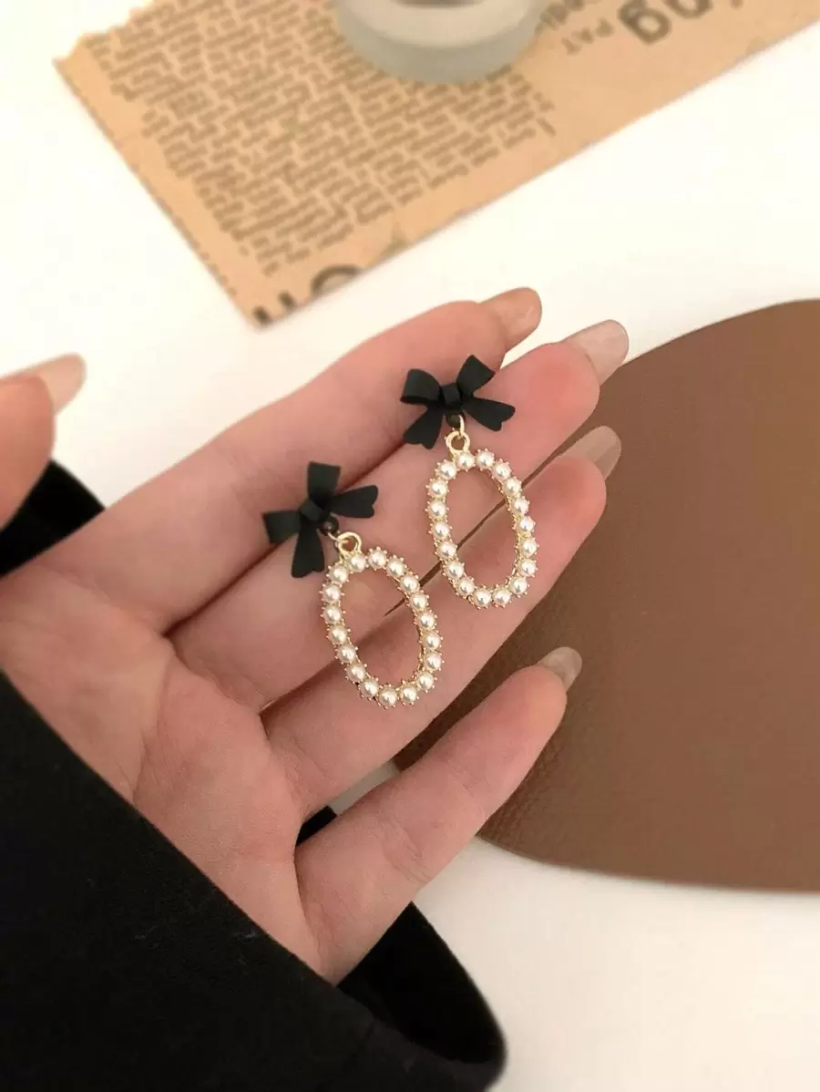 Bow & Faux Pearl Decor Drop Earrings - Multicolor - View 1