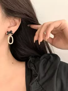 Bow & Faux Pearl Decor Drop Earrings - Multicolor - View 2