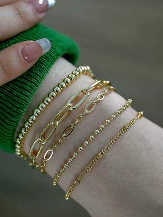 5pcs/Set Minimalist Hollow Chain Beaded Metal Bracelets For Women (Bead Quantity Random)