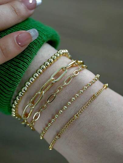 5pcs/Set Minimalist Hollow Chain Beaded Metal Bracelets For Women (Bead Quantity Random)
