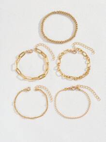 5pcs/Set Minimalist Hollow Chain Beaded Metal Bracelets For Women (Bead Quantity Random)