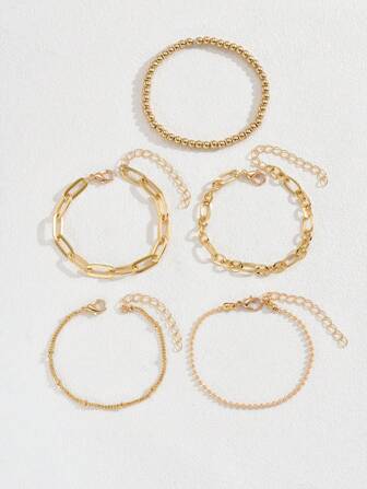 5pcs/Set Minimalist Hollow Chain Beaded Metal Bracelets For Women (Bead Quantity Random)