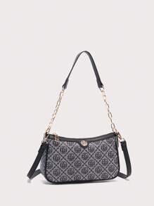 DK DKMG 1 件 PU 材质字母图案链条单肩包，适合日常使用或节日礼物 - 黑色 - 查看 3