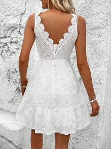SHEIN ChicEase Eyelet Embroidery Ruffle Hem Dress - White - View 7