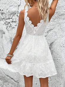 SHEIN ChicEase Eyelet Embroidery Ruffle Hem Dress - White - View 3