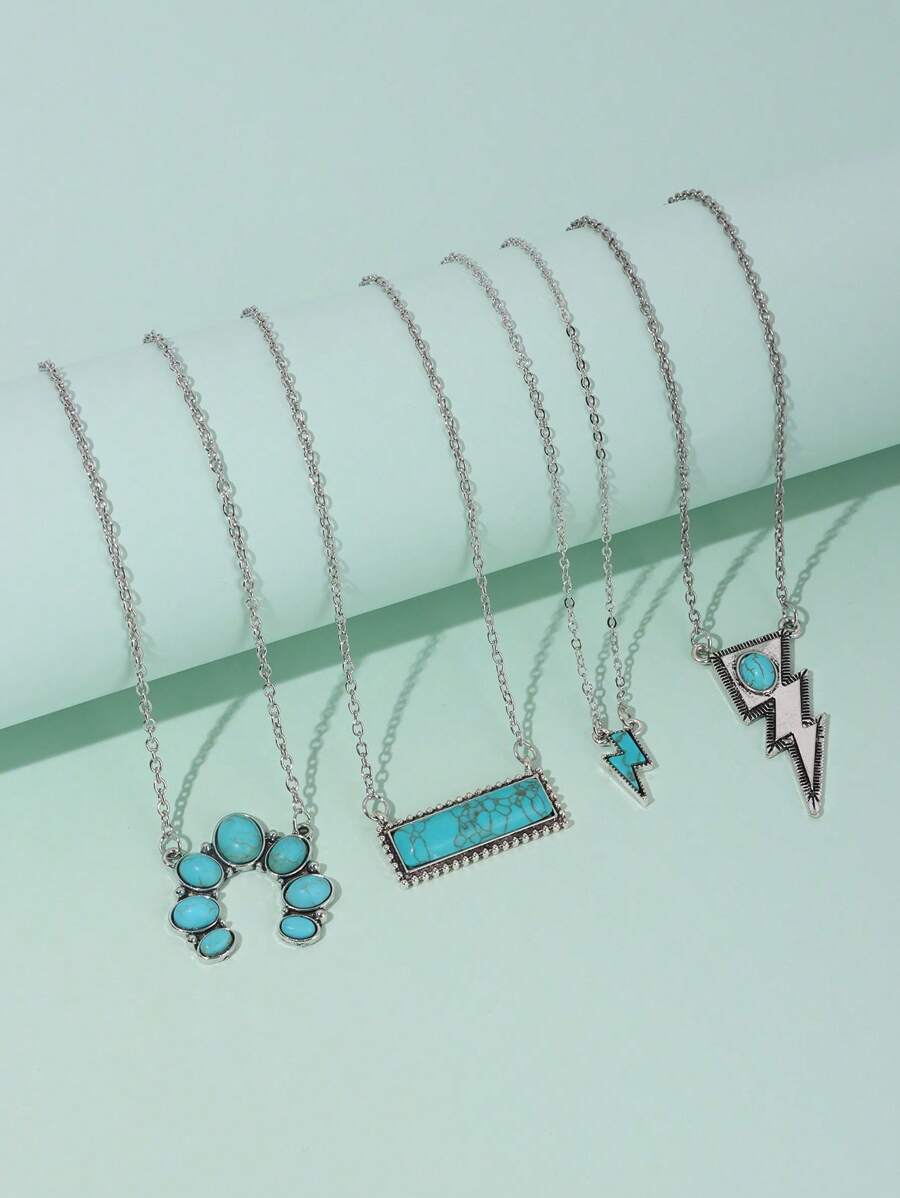 4入組綠松石裝飾鏈條樣式項鍊 - 彩色 - 查看 1