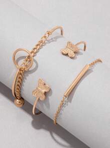 1 cái Thời Trang Hợp Kim Kẽm Bướm và Hạt Trang Trí Liên Kết Vòng Đeo Tay và 2 cái/bộ của Phụ Nữ Cuff Vòng Tay cho Trang Trí Hàng Ngày - Vàng - Xem 3