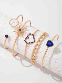 5入組/套時尚鋅合金水鑽心和圓圈裝飾手環適合女士日常裝飾 - 藍色 - 查看 2