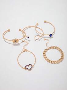 5入組/套時尚鋅合金水鑽心和圓圈裝飾手環適合女士日常裝飾 - 藍色 - 查看 3