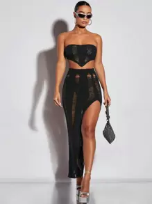 SHEIN BAE Váy len nữ Bị tách Tách cao màu trơn Gợi cảm - màu đen - Xem 4