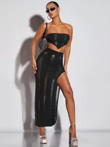 SHEIN BAE Váy len nữ Bị tách Tách cao màu trơn Gợi cảm - màu đen - Xem 5