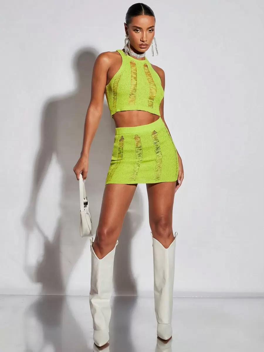 SHEIN BAE Solid Ripped Knit Skirt - Lime Green - View 1