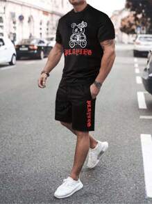 Manfinity Men Letter Graphic Tee & Drawstring Waist Shorts - Black - View 1