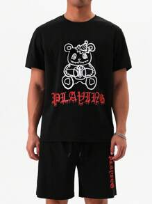 Manfinity Men Letter Graphic Tee & Drawstring Waist Shorts - Black - View 3