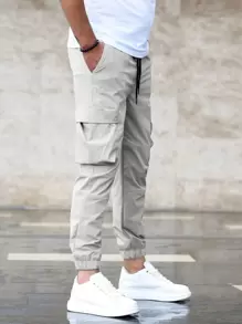 Manfinity Homme Men Flap Pocket Side Drawstring Waist Cargo Trousers - Light Grey - View 3