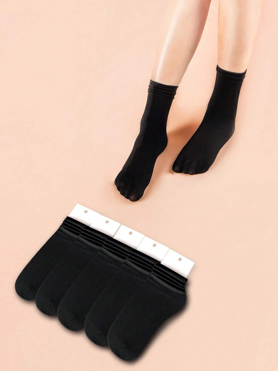 5雙素色中筒襪 - 黑色 - 查看 1