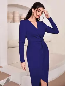 Modelyn Solid Twist Front Wrap Hem Dress Maxi Women Outfit - Royal Blue - View 3