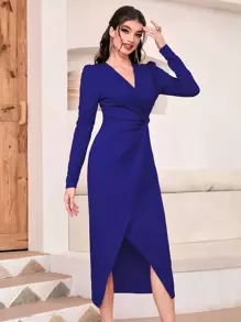 Modelyn Solid Twist Front Wrap Hem Dress Maxi Women Outfit - Royal Blue - View 4