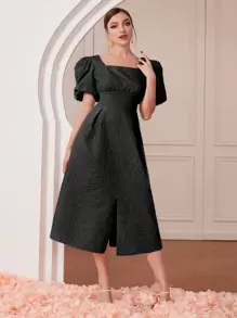 Modelyn Square Neck Puff Sleeve Split Hem Dress - Black - View 1