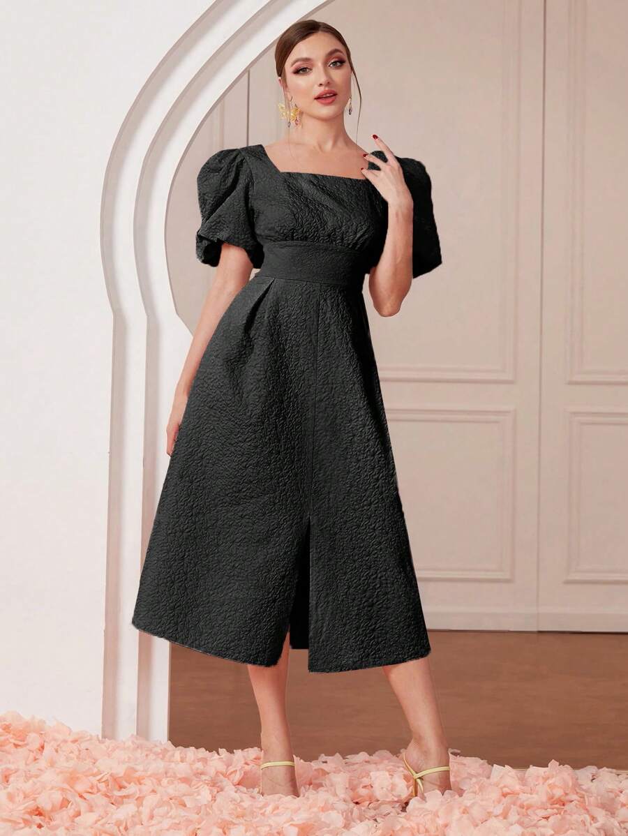 Modelyn Square Neck Puff Sleeve Split Hem Dress - Black - View 1