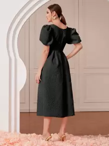 Modelyn Square Neck Puff Sleeve Split Hem Dress - Black - View 2