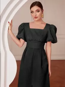 Modelyn Square Neck Puff Sleeve Split Hem Dress - Black - View 3
